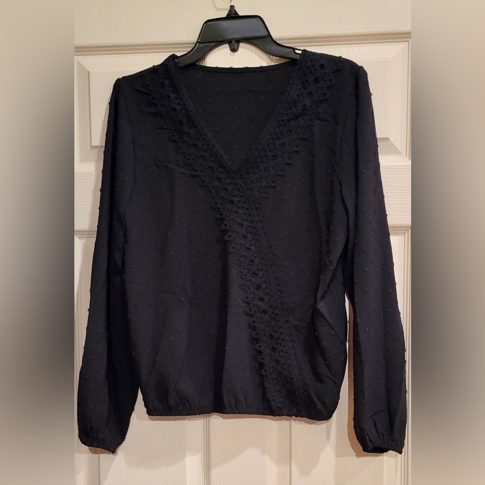NWOT Black V-Neck Blouse with Lace Trim. Size small
